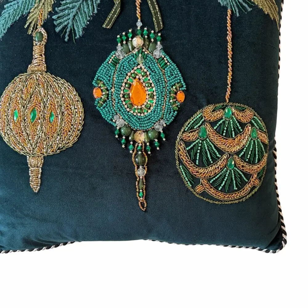 NEW MacKenzie-Childs Emerald Ornaments Beaded Throw Pillow 18x18